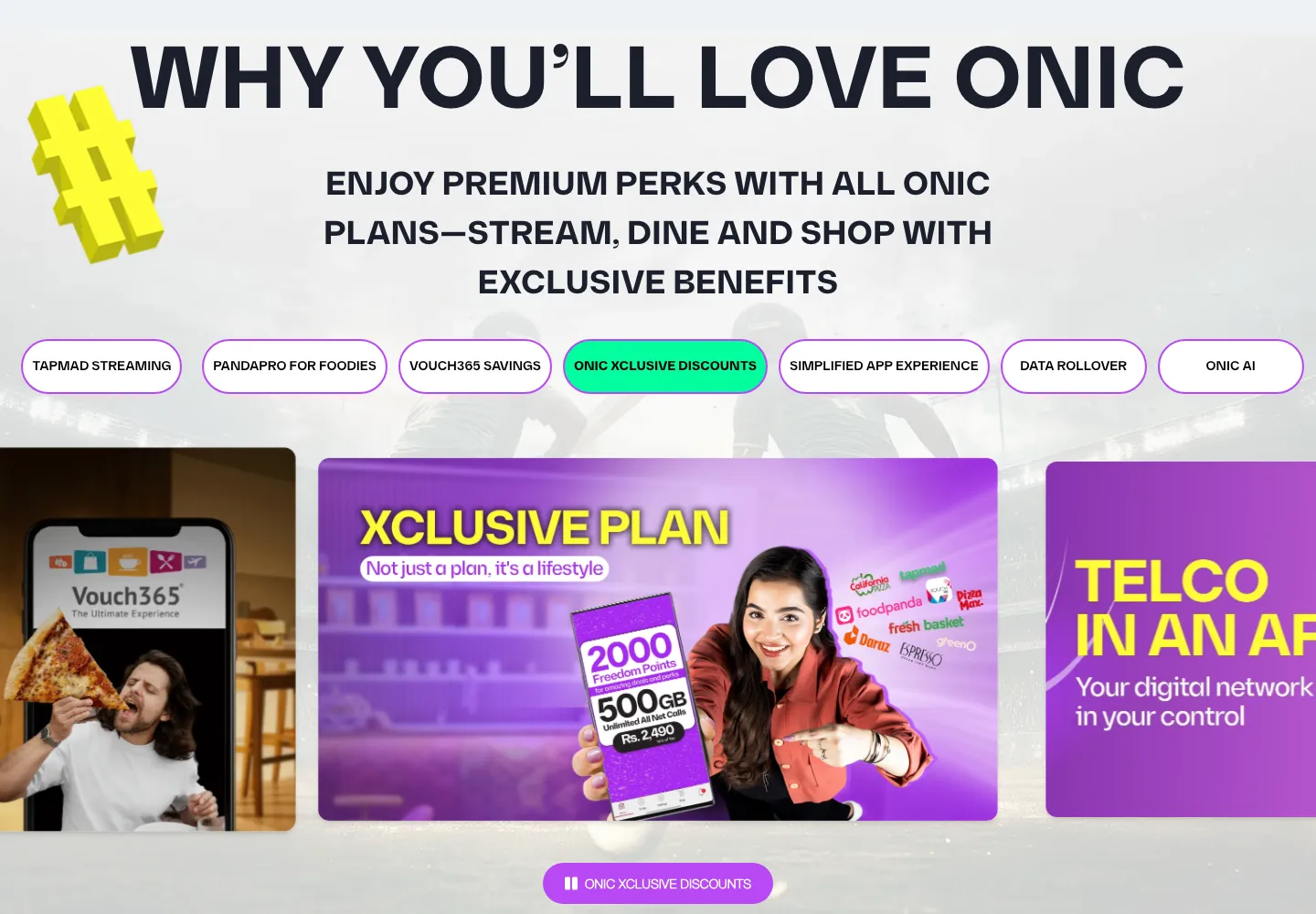 Onic website perks section with partner offers in purple and yellow