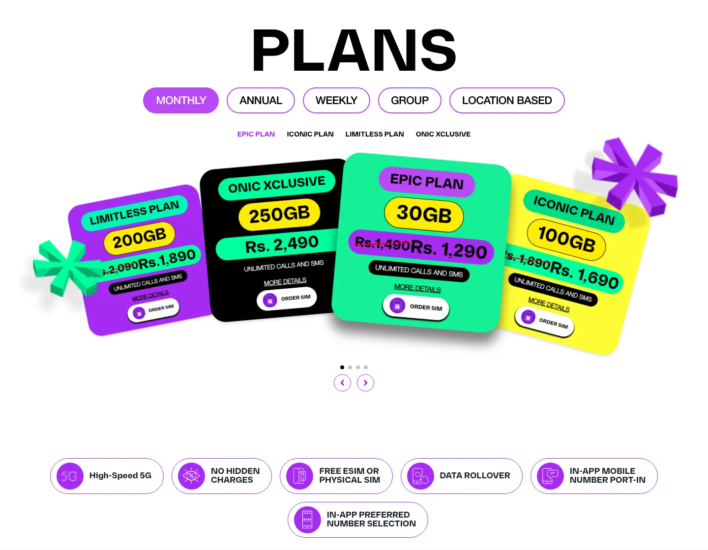 Onic website plans section with tilted neon plan cards