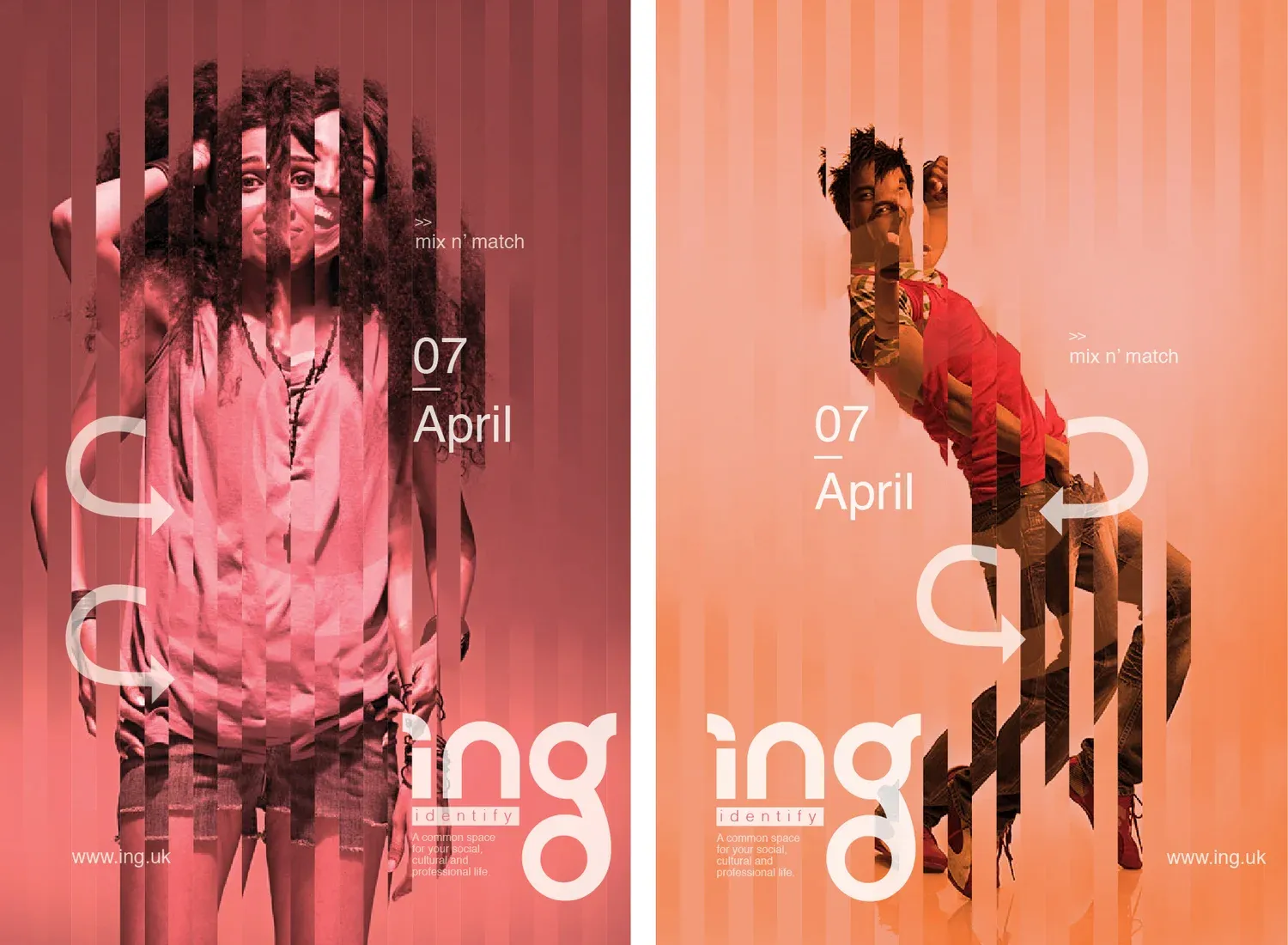 Two _ING event posters for a 'mix n match' night, 7 April, with sliced portraits in pink and orange