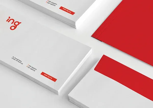 _ING stationery: letterheads and envelopes in white and red