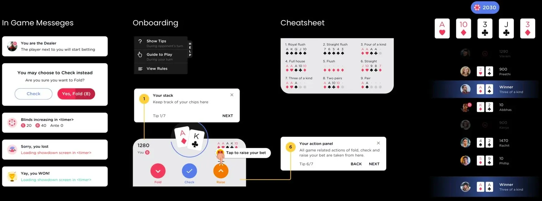 In-game messages, onboarding tips and a hand cheatsheet