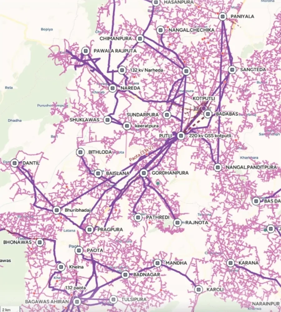 DISCOM substations and 11kV feeders mapped around Kotputli